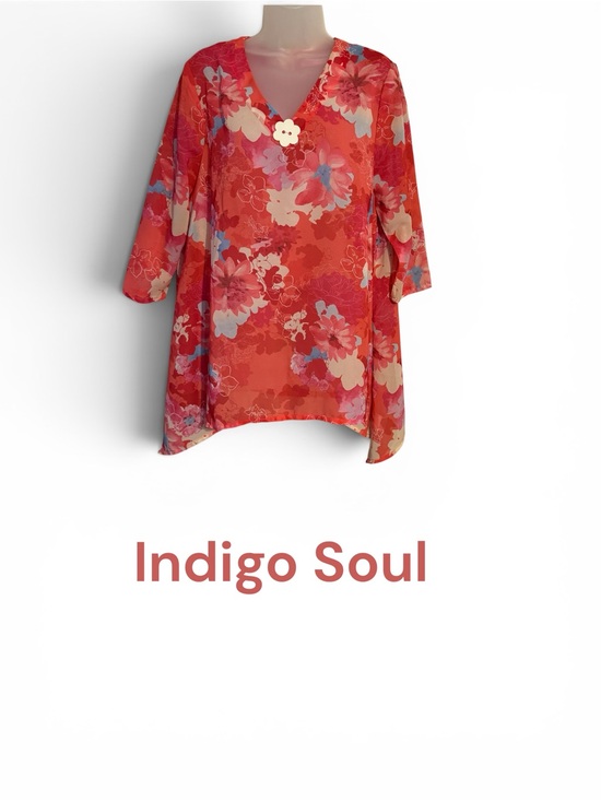 indigo soul Tops - Indigo Soul Beautiful Pink/Coral Floral V-Neck Blouse LARGE #11